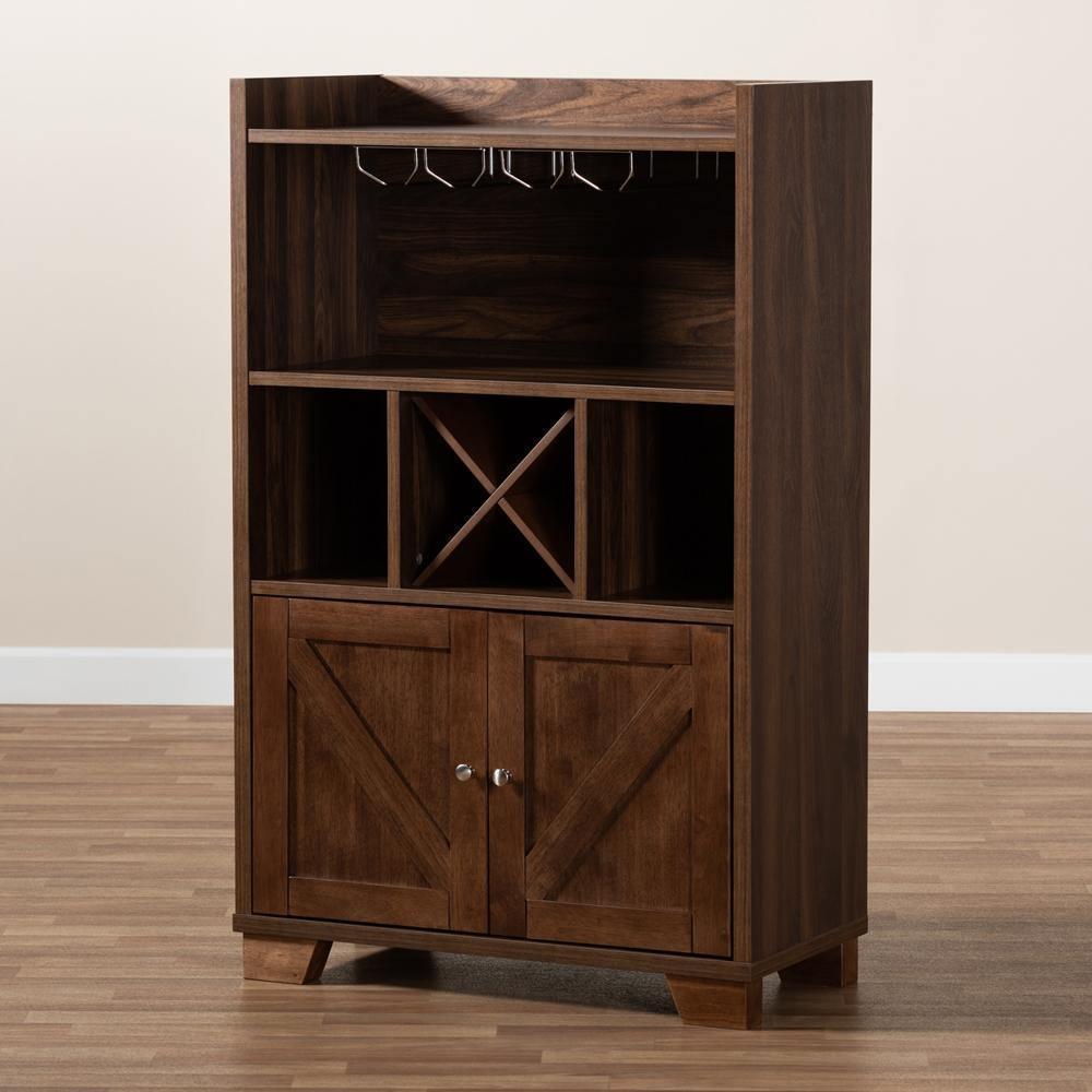 Carrie Transitional Farmhouse Walnut Brown Finished Wood Wine Storage Cabinet FredCo