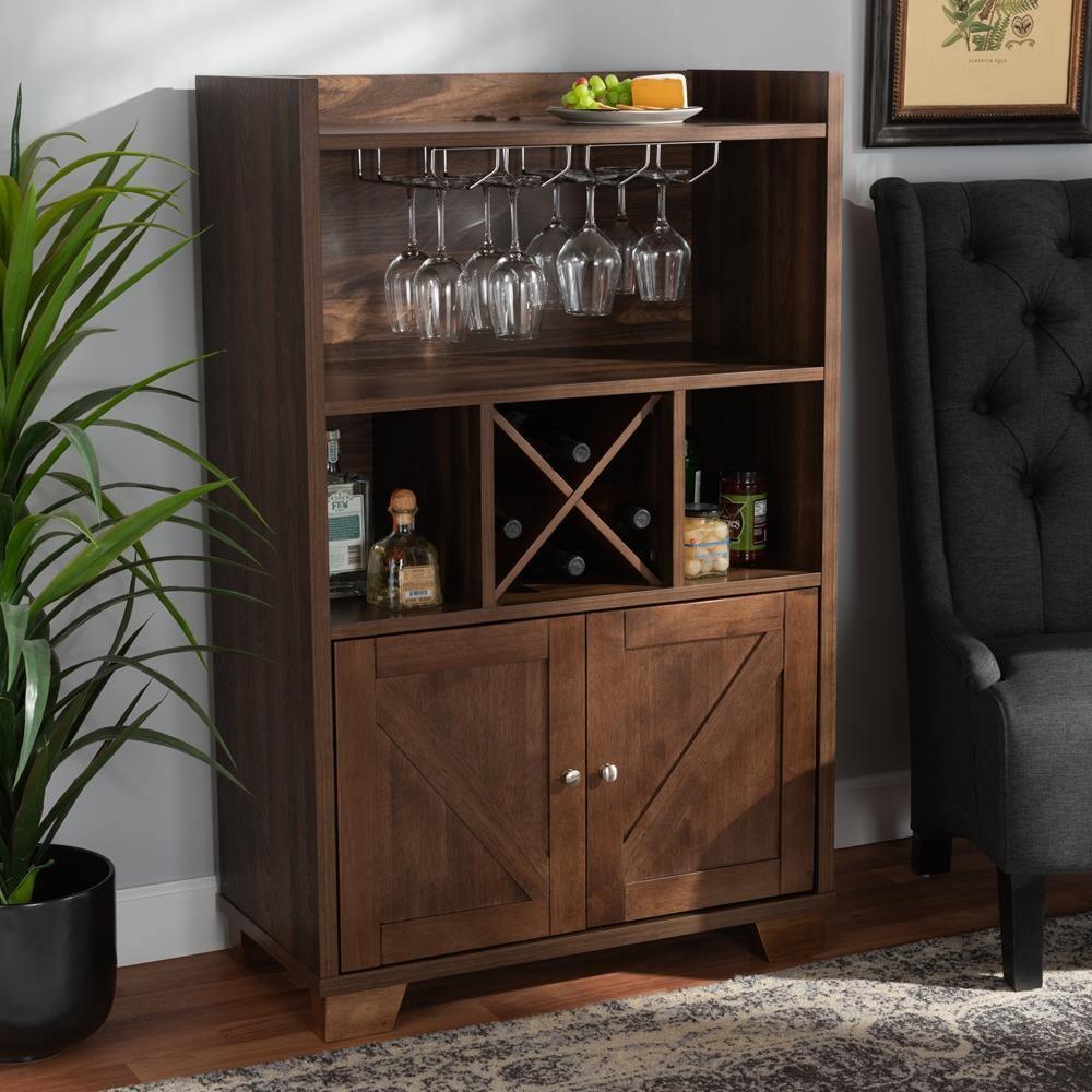 Carrie Transitional Farmhouse Walnut Brown Finished Wood Wine Storage Cabinet FredCo