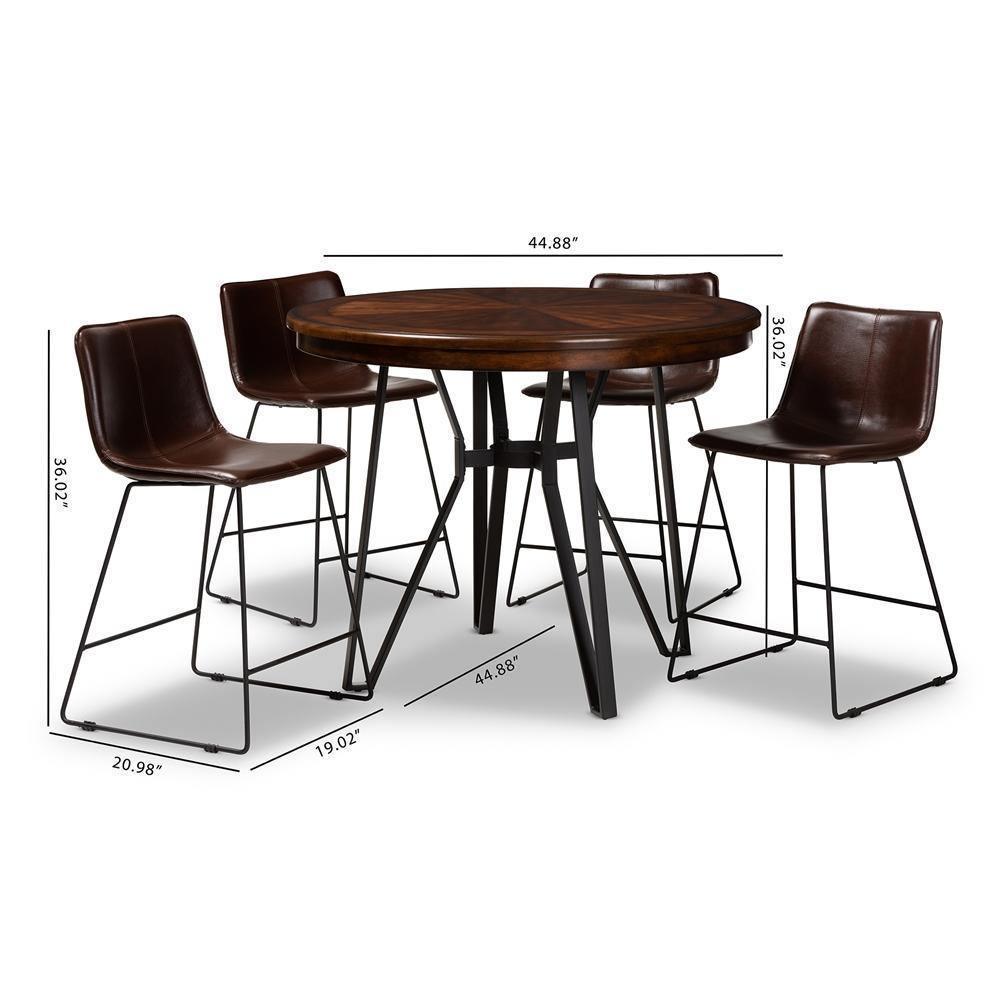 Carvell Rustic and Industrial Dark Brown Faux Leather Upholstered 5-Piece Pub Set FredCo