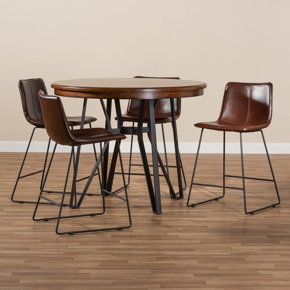 Carvell Rustic and Industrial Dark Brown Faux Leather Upholstered 5-Piece Pub Set FredCo