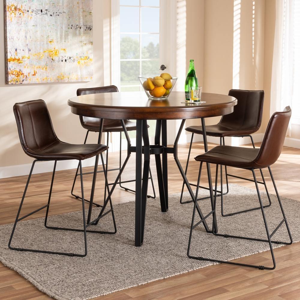 Carvell Rustic and Industrial Dark Brown Faux Leather Upholstered 5-Piece Pub Set FredCo