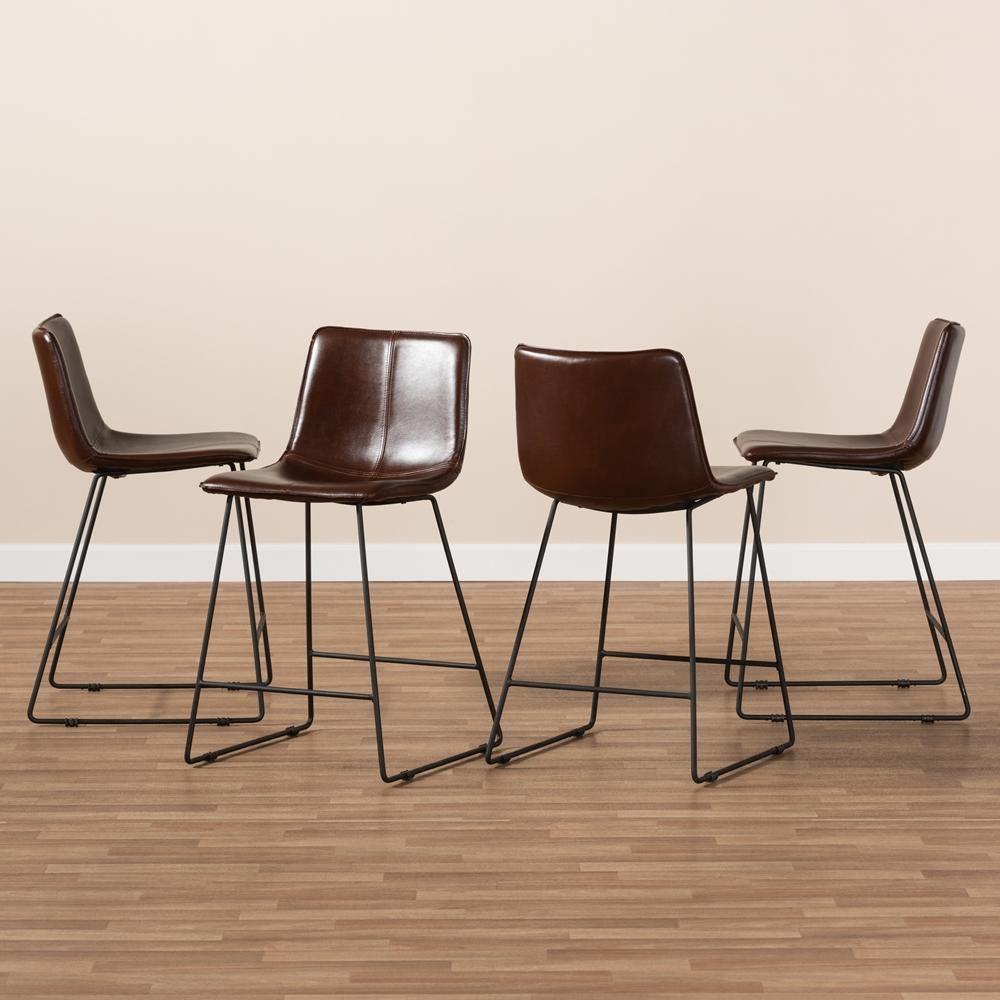 Carvell Rustic and Industrial Dark Brown Faux Leather Upholstered Pub Stool Set of 4 FredCo