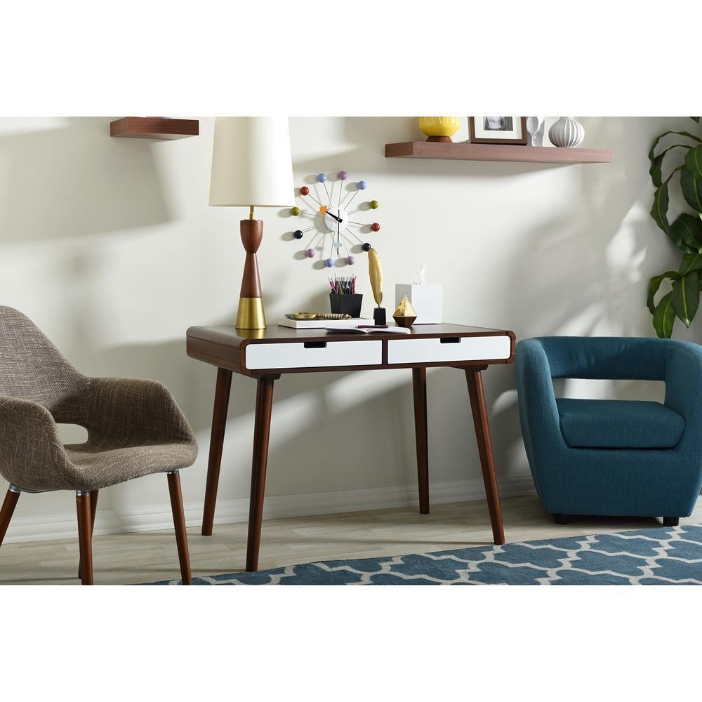 Casarano Mid-century Modern Dark Walnut and White Two-tone Finish 2-drawer Wood Home Office Writing Desk FredCo