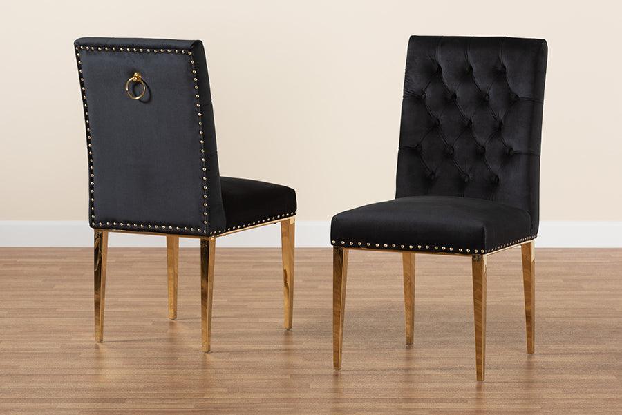 Caspera Contemporary Glam and Luxe Black Velvet Fabric and Gold Metal 2-Piece Dining Chair Set FredCo