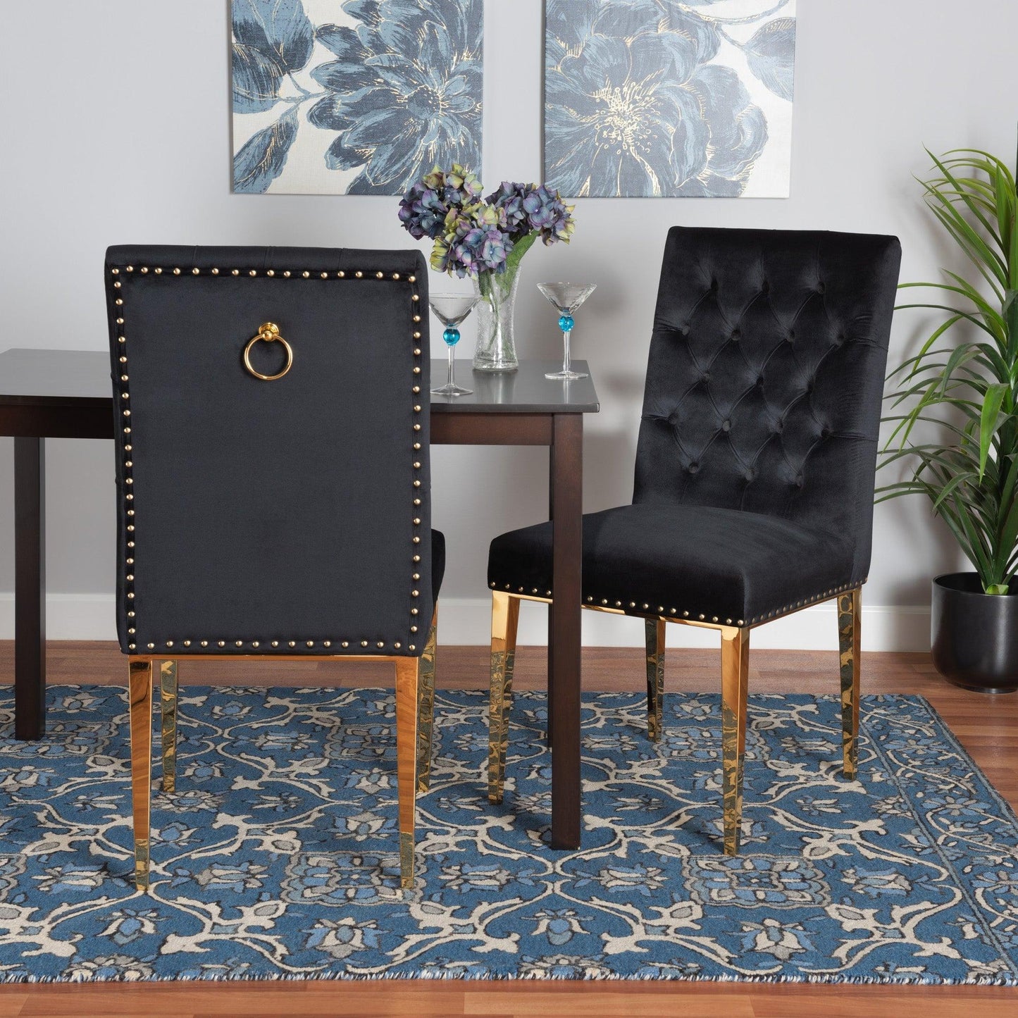 Caspera Contemporary Glam and Luxe Black Velvet Fabric and Gold Metal 2-Piece Dining Chair Set FredCo