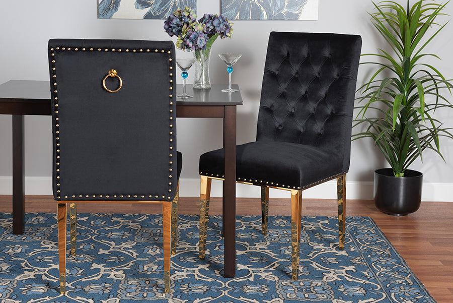 Caspera Contemporary Glam and Luxe Black Velvet Fabric and Gold Metal 2-Piece Dining Chair Set FredCo