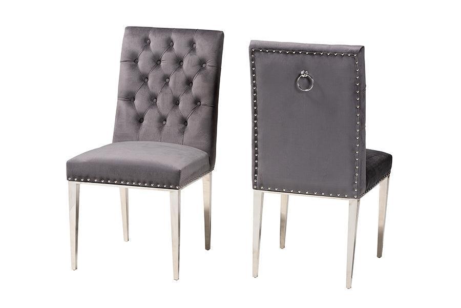 Caspera Contemporary Glam and Luxe Grey Velvet Fabric and Silver Metal 2-Piece Dining Chair Set FredCo