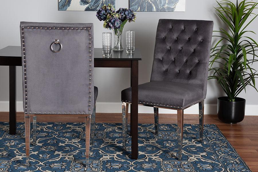 Caspera Contemporary Glam and Luxe Grey Velvet Fabric and Silver Metal 2-Piece Dining Chair Set FredCo