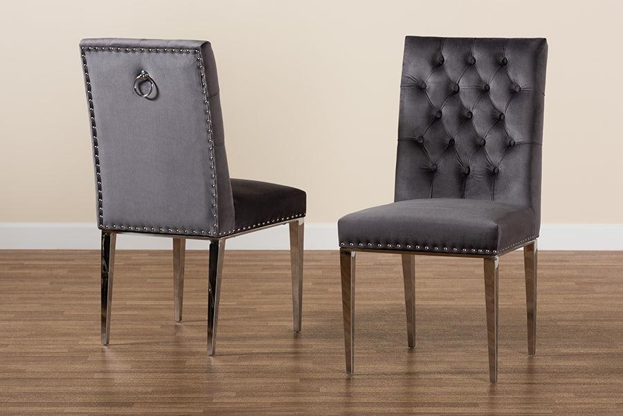 Caspera Contemporary Glam and Luxe Grey Velvet Fabric and Silver Metal 2-Piece Dining Chair Set FredCo