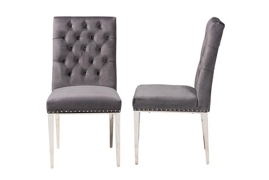 Caspera Contemporary Glam and Luxe Grey Velvet Fabric and Silver Metal 2-Piece Dining Chair Set FredCo