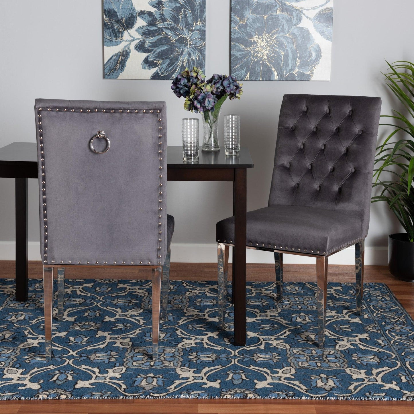 Caspera Contemporary Glam and Luxe Grey Velvet Fabric and Silver Metal 2-Piece Dining Chair Set FredCo