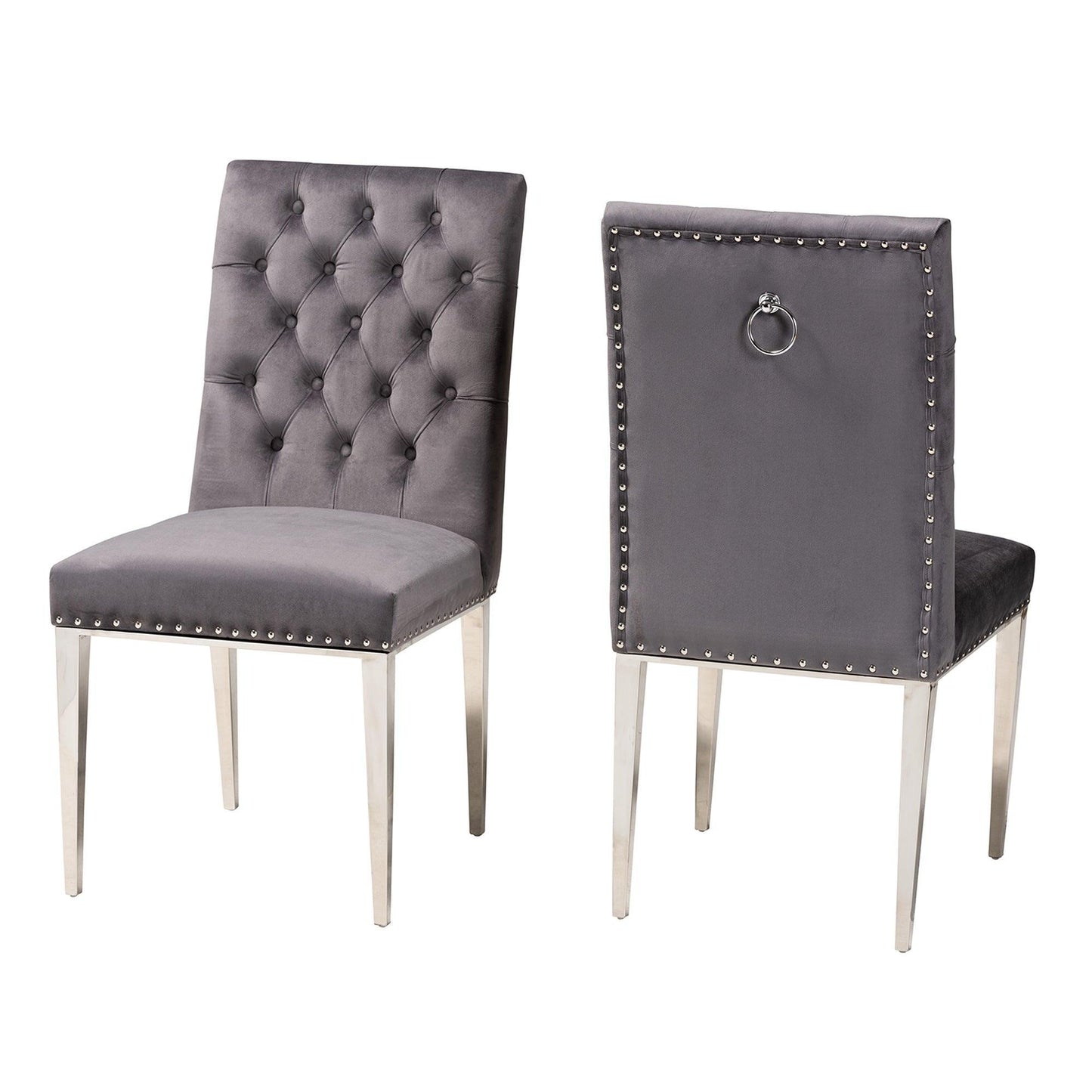 Caspera Contemporary Glam and Luxe Grey Velvet Fabric and Silver Metal 2-Piece Dining Chair Set FredCo