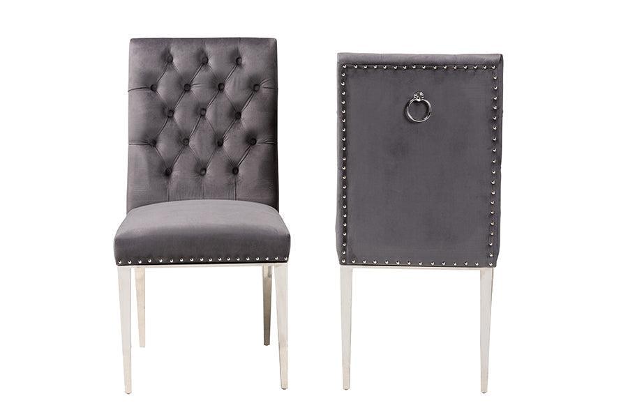 Caspera Contemporary Glam and Luxe Grey Velvet Fabric and Silver Metal 2-Piece Dining Chair Set FredCo
