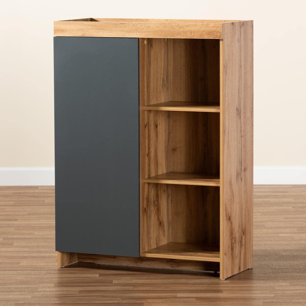 Caspian Modern and Contemporary Two-Tone Grey and Oak Brown Finished Wood Shoe Cabinet FredCo