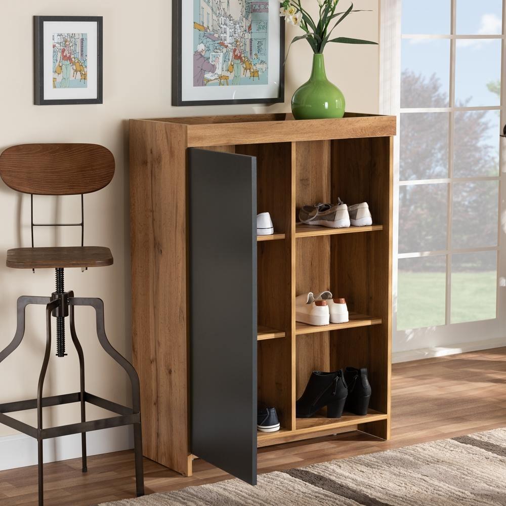 Caspian Modern and Contemporary Two-Tone Grey and Oak Brown Finished Wood Shoe Cabinet FredCo