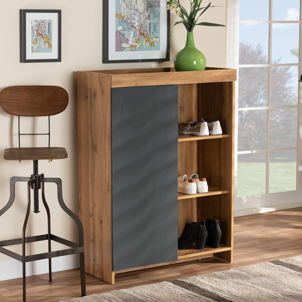 Caspian Modern and Contemporary Two-Tone Grey and Oak Brown Finished Wood Shoe Cabinet FredCo