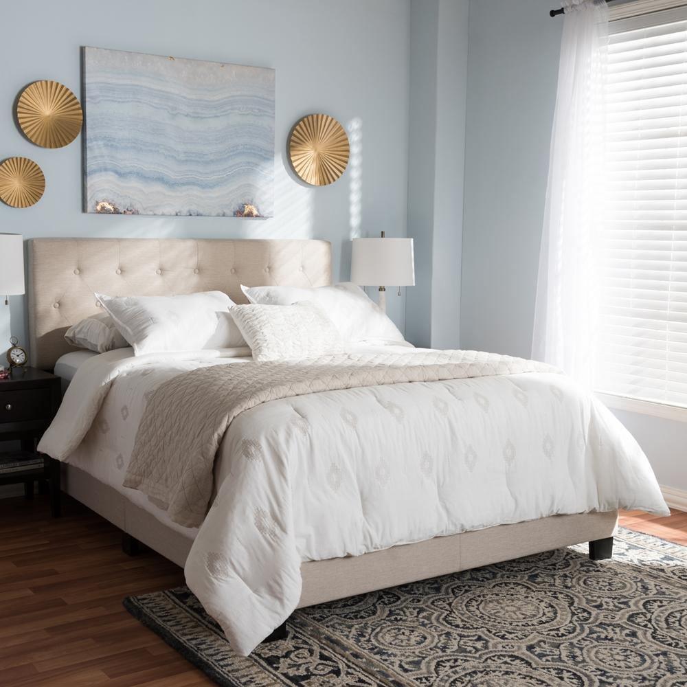 Cassandra Modern and Contemporary Light Beige Fabric Upholstered Queen Size Bed FredCo