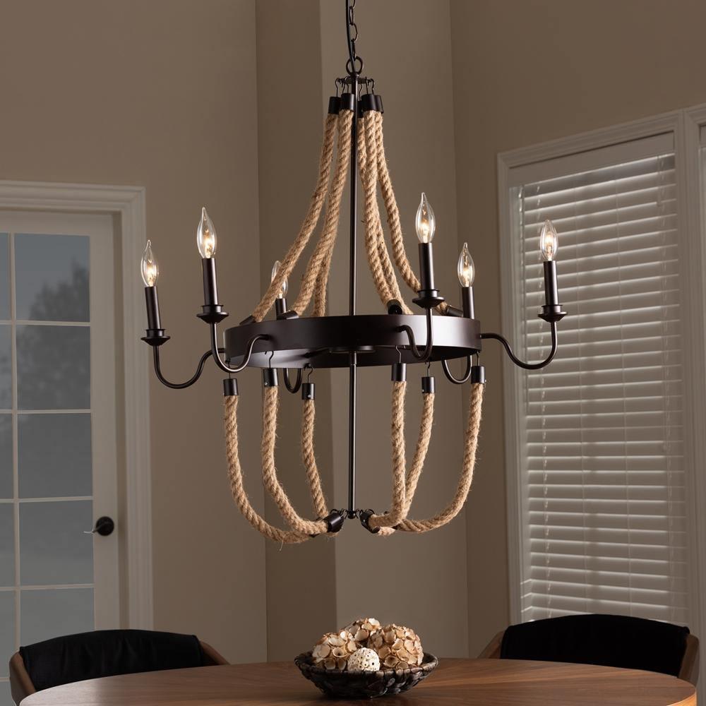 Cassia Vintage Industrial Antique Style Hemp and Dark Bronze Metal 6 Light Chandelier FredCo