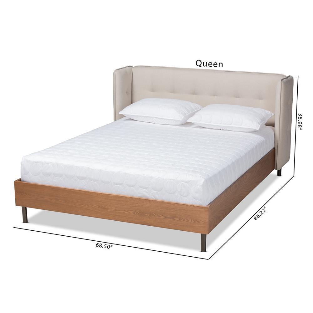 Catarina Mid-Century Modern Light Beige Fabric Upholstered Walnut Finished Wood King Size Wingback Platform Bed FredCo