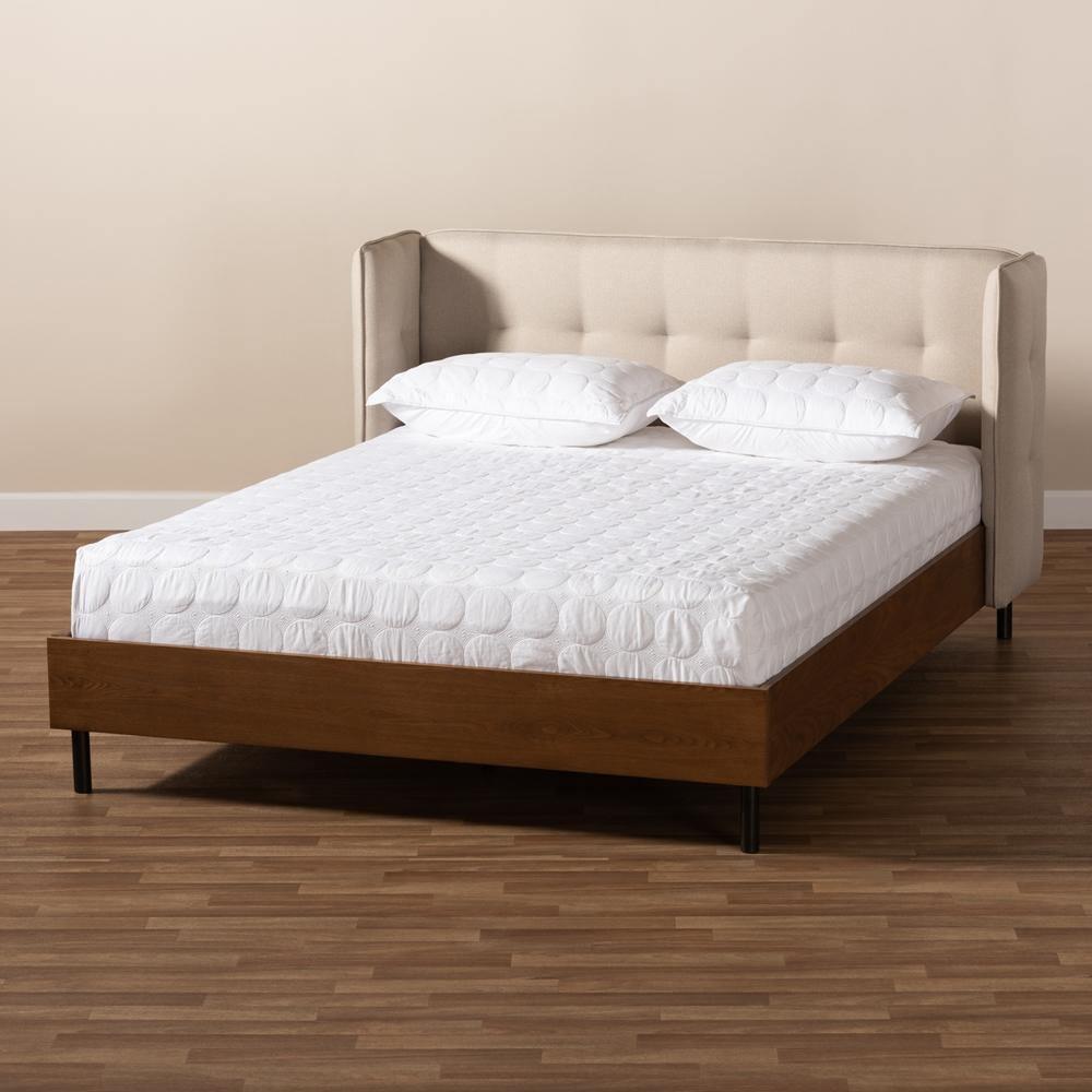 Catarina Mid-Century Modern Light Beige Fabric Upholstered Walnut Finished Wood King Size Wingback Platform Bed FredCo