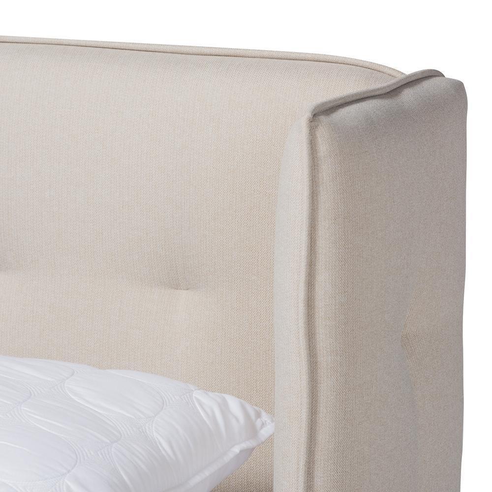 Catarina Mid-Century Modern Light Beige Fabric Upholstered Walnut Finished Wood King Size Wingback Platform Bed FredCo