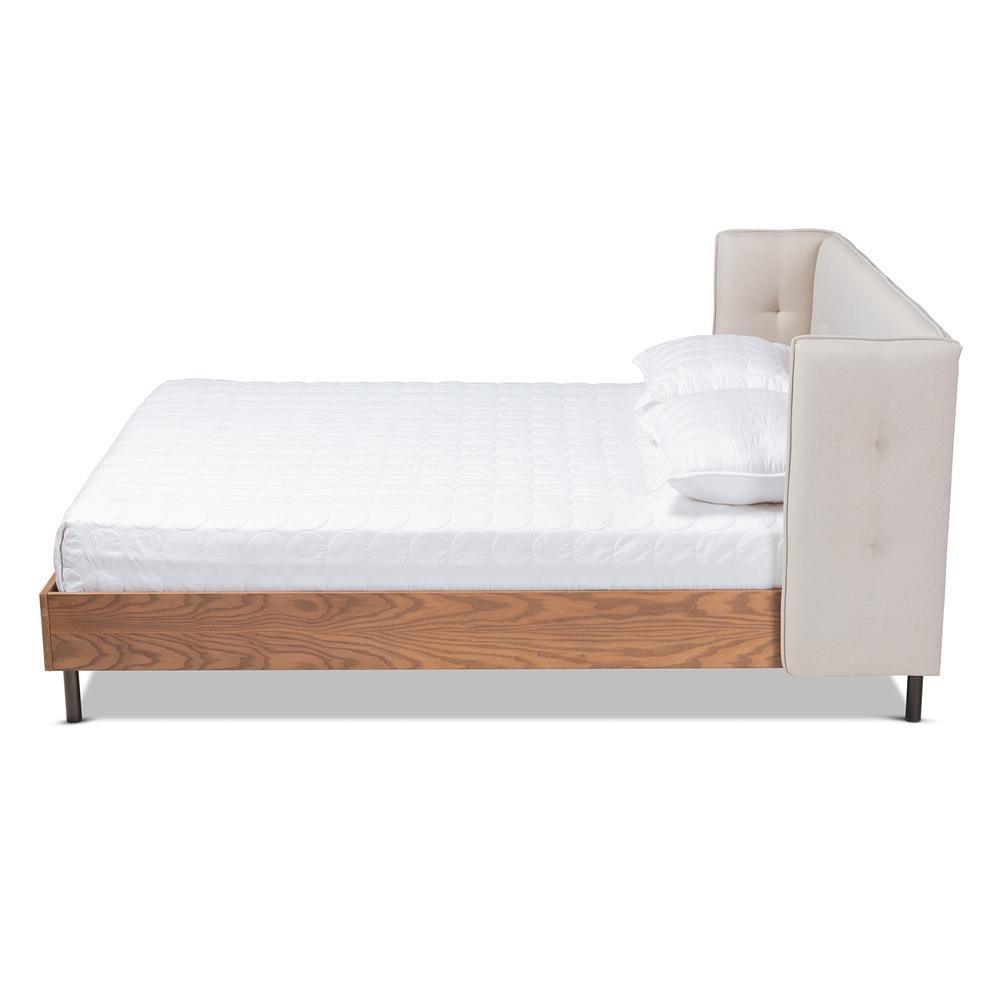 Catarina Mid-Century Modern Light Beige Fabric Upholstered Walnut Finished Wood King Size Wingback Platform Bed FredCo