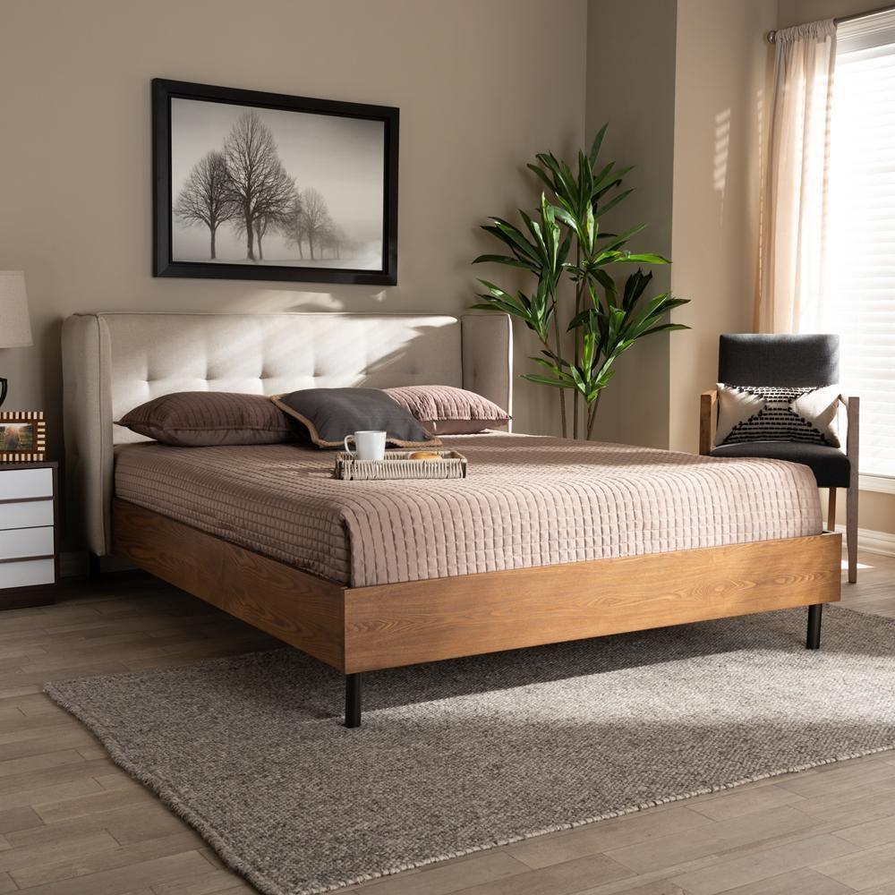 Catarina Mid-Century Modern Light Beige Fabric Upholstered Walnut Finished Wood King Size Wingback Platform Bed FredCo