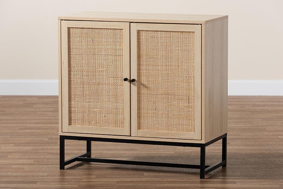 Caterina Mid-Century Modern Transitional Natural Brown Finished Wood and Natural Rattan 2-Door Storage Cabinet FredCo