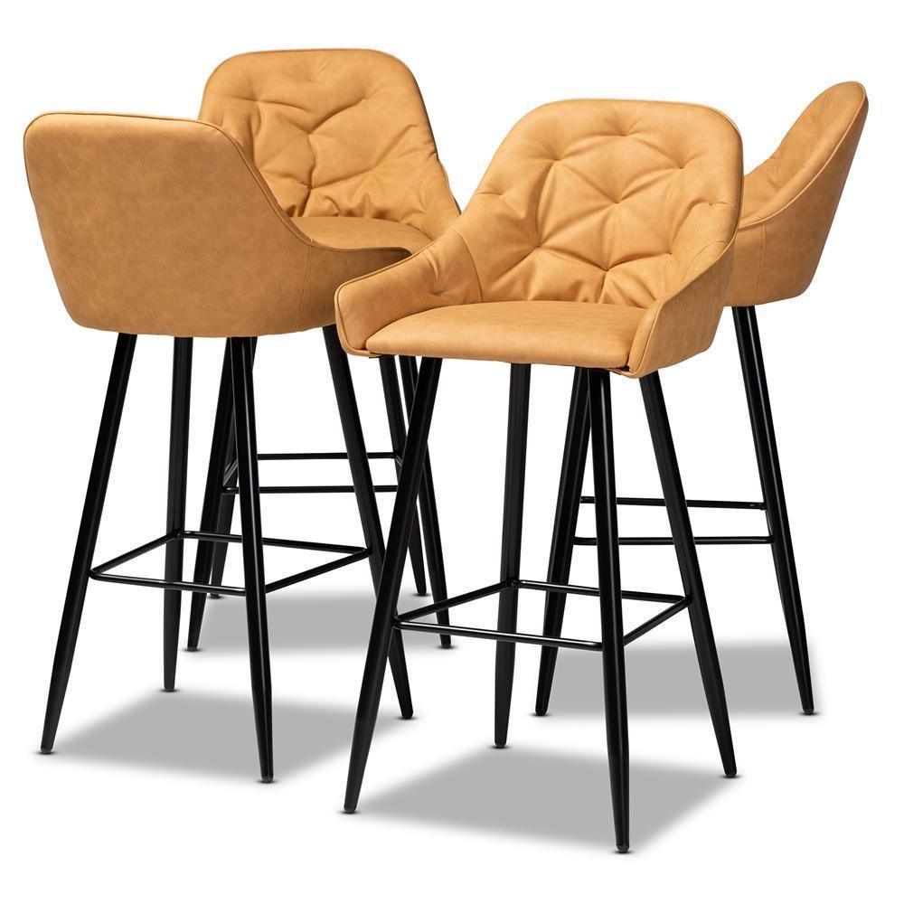 Catherine Modern and Contemporary Tan Faux Leather Upholstered and Black Metal 4-Piece Bar Stool Set FredCo