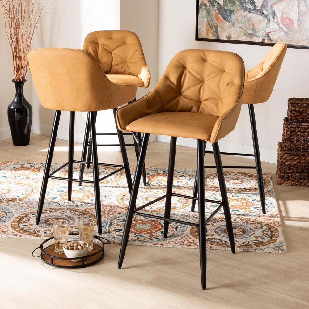 Catherine Modern and Contemporary Tan Faux Leather Upholstered and Black Metal 4-Piece Bar Stool Set FredCo