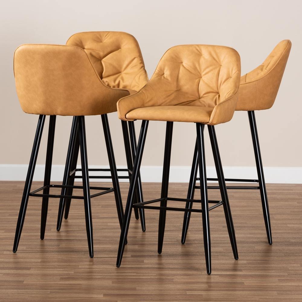 Catherine Modern and Contemporary Tan Faux Leather Upholstered and Black Metal 4-Piece Bar Stool Set FredCo