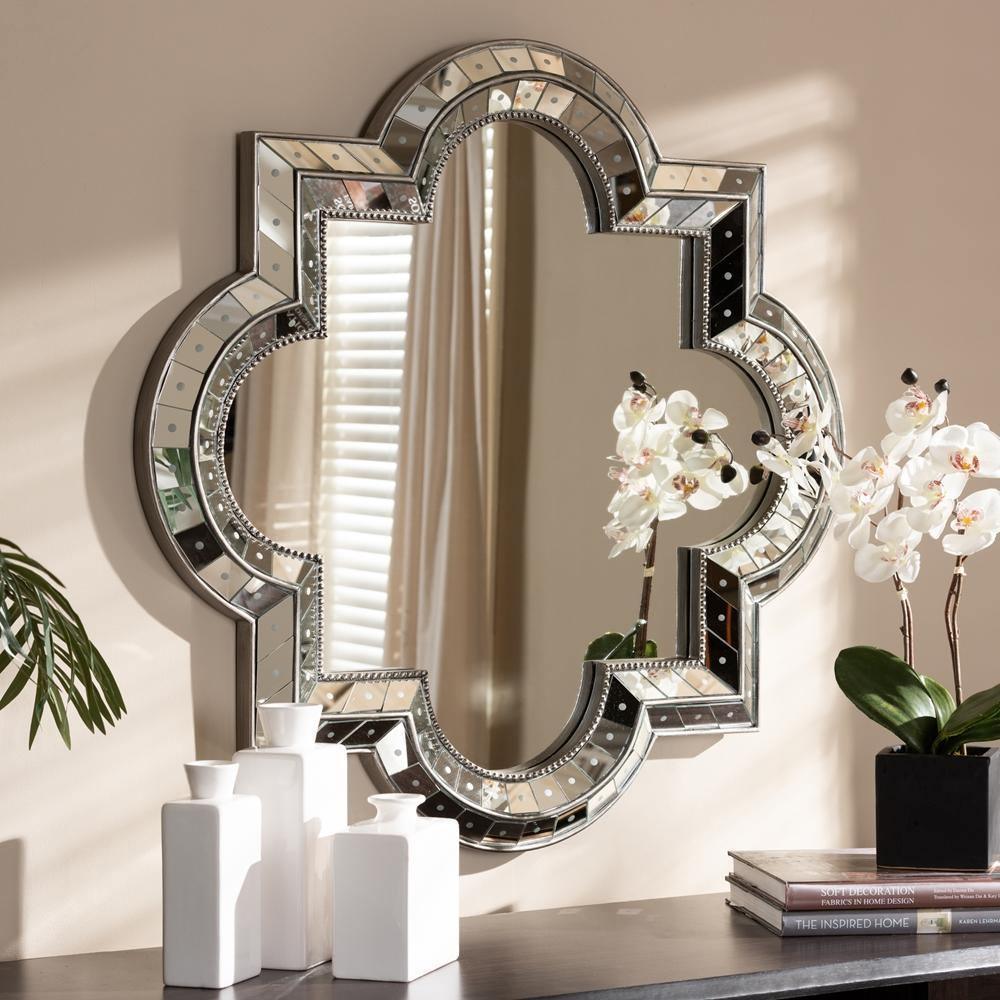 Catia Art Deco Antique Silver Finished Quatrefoil Accent Wall Mirror FredCo