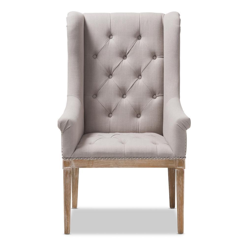 Cedulie French Provincial Beige Fabric Upholstered Whitewashed Oak Lounge Chair FredCo