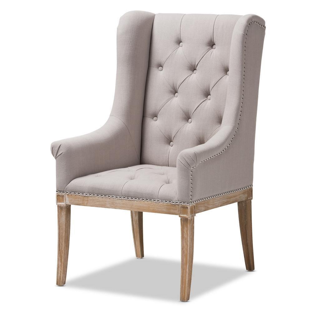 Cedulie French Provincial Beige Fabric Upholstered Whitewashed Oak Lounge Chair FredCo