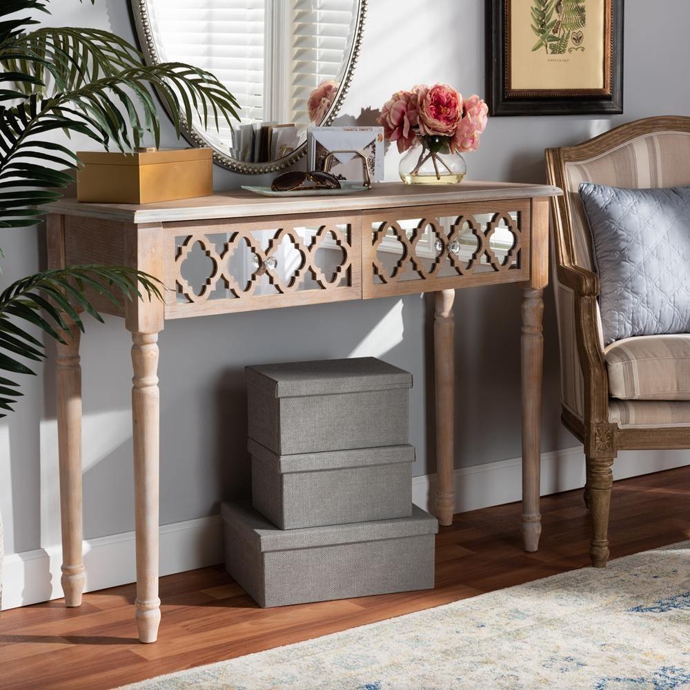 Celia Transitional Rustic French Country White-Washed Wood and Mirror 2-Drawer Quatrefoil Console Table FredCo