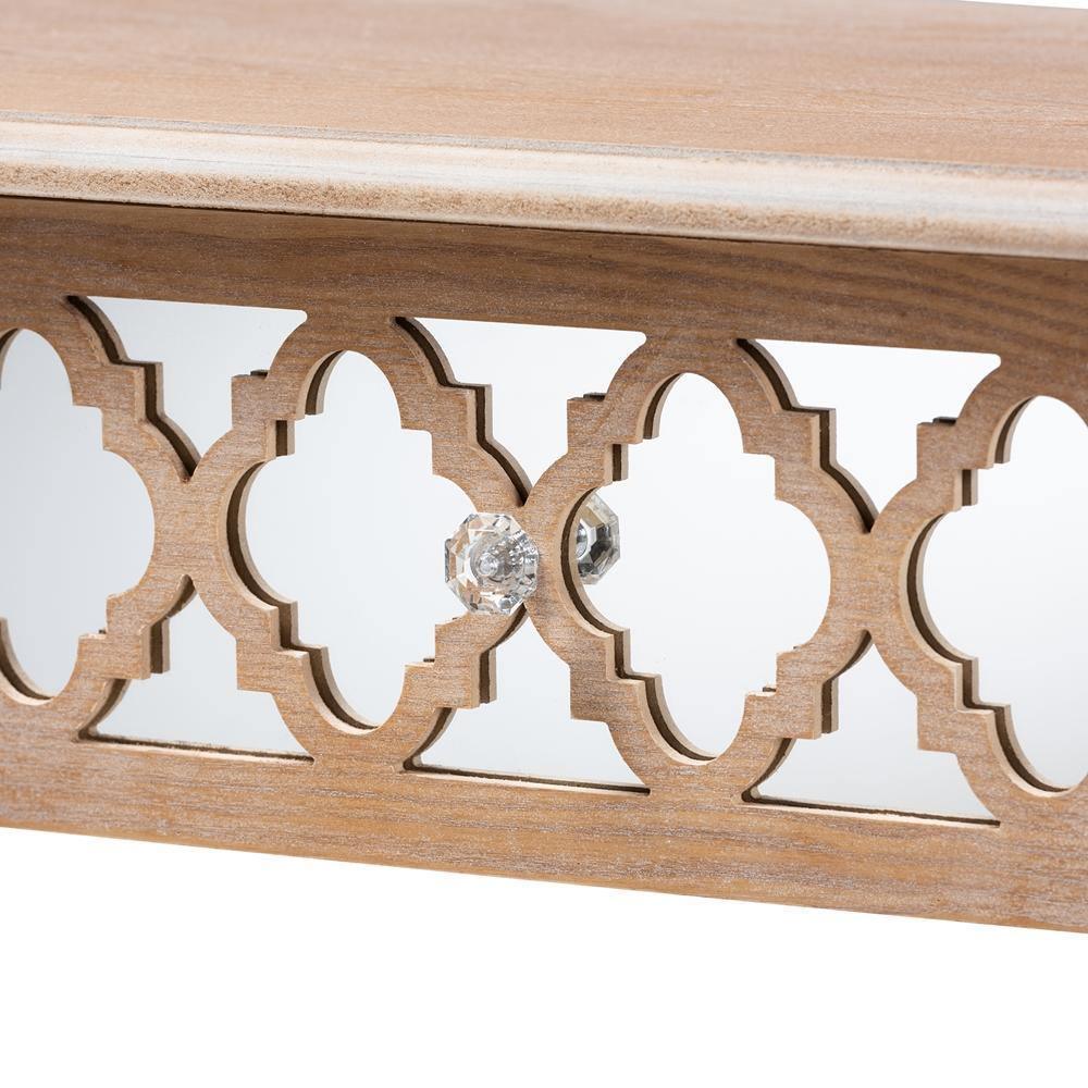 Celia Transitional Rustic French Country White-Washed Wood and Mirror 2-Drawer Quatrefoil Console Table FredCo