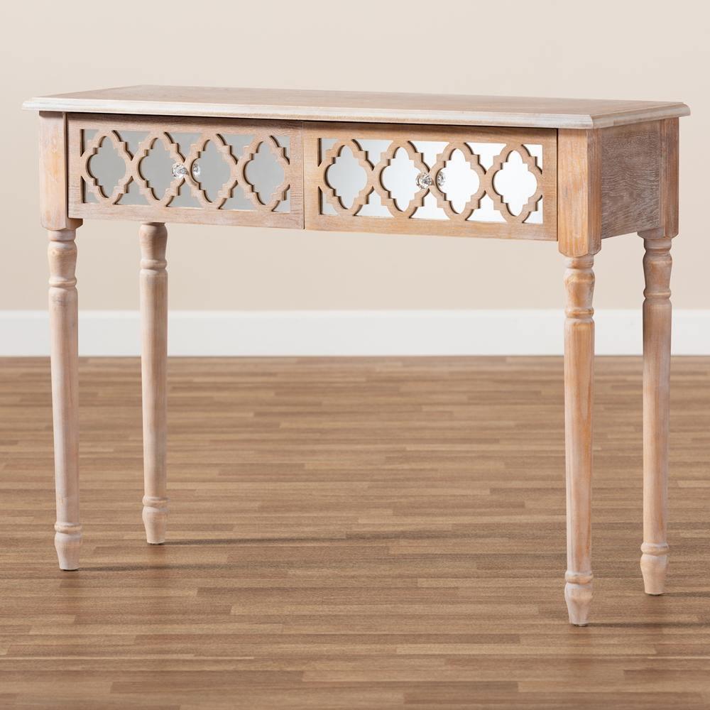 Celia Transitional Rustic French Country White-Washed Wood and Mirror 2-Drawer Quatrefoil Console Table FredCo