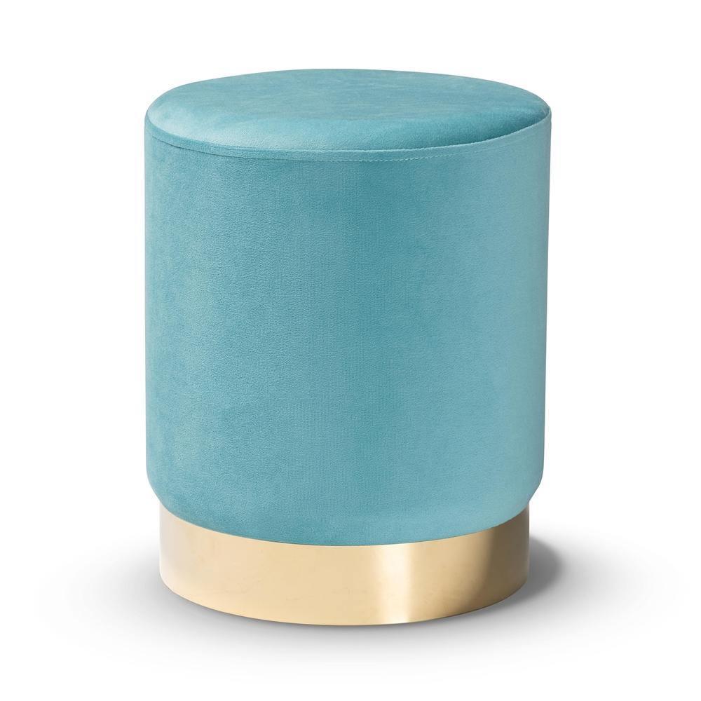 Chaela Contemporary Glam and Luxe Sky Blue Velvet Fabric Upholstered and Gold Finished Metal Ottoman FredCo