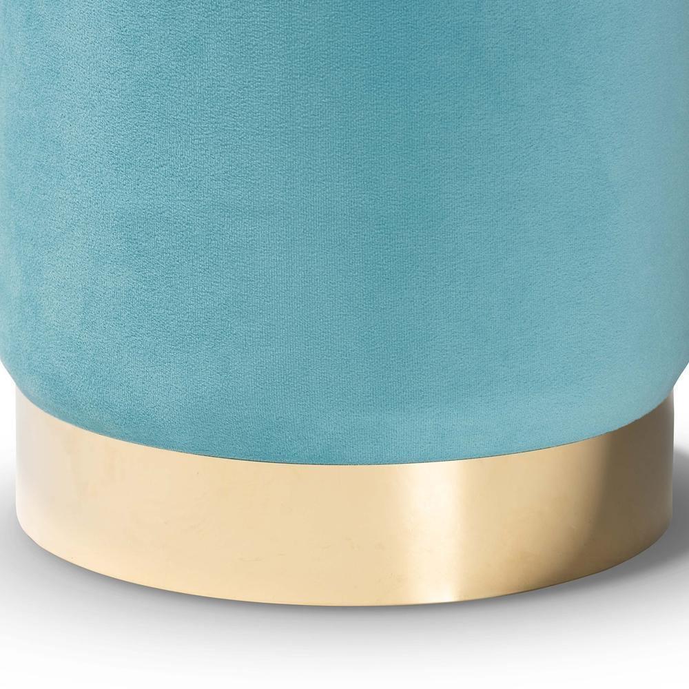 Chaela Contemporary Glam and Luxe Sky Blue Velvet Fabric Upholstered and Gold Finished Metal Ottoman FredCo