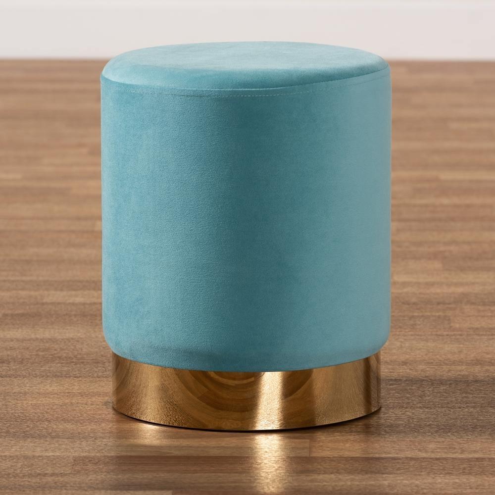 Chaela Contemporary Glam and Luxe Sky Blue Velvet Fabric Upholstered and Gold Finished Metal Ottoman FredCo
