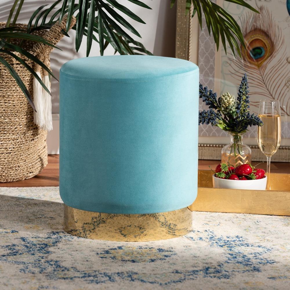 Chaela Contemporary Glam and Luxe Sky Blue Velvet Fabric Upholstered and Gold Finished Metal Ottoman FredCo