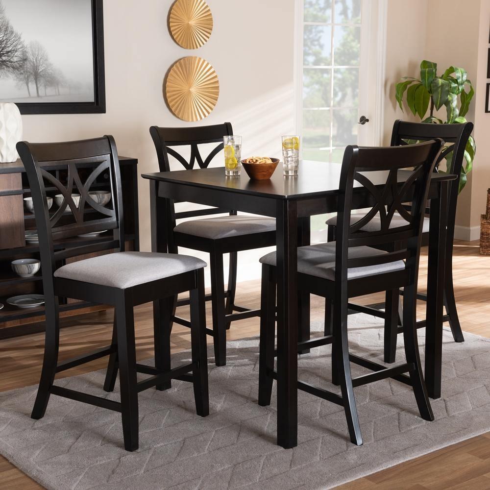 Chandler Modern and Contemporary Grey Fabric Upholstered and Espresso Brown Finished Wood 5-Piece Counter Height Pub Dining Set FredCo