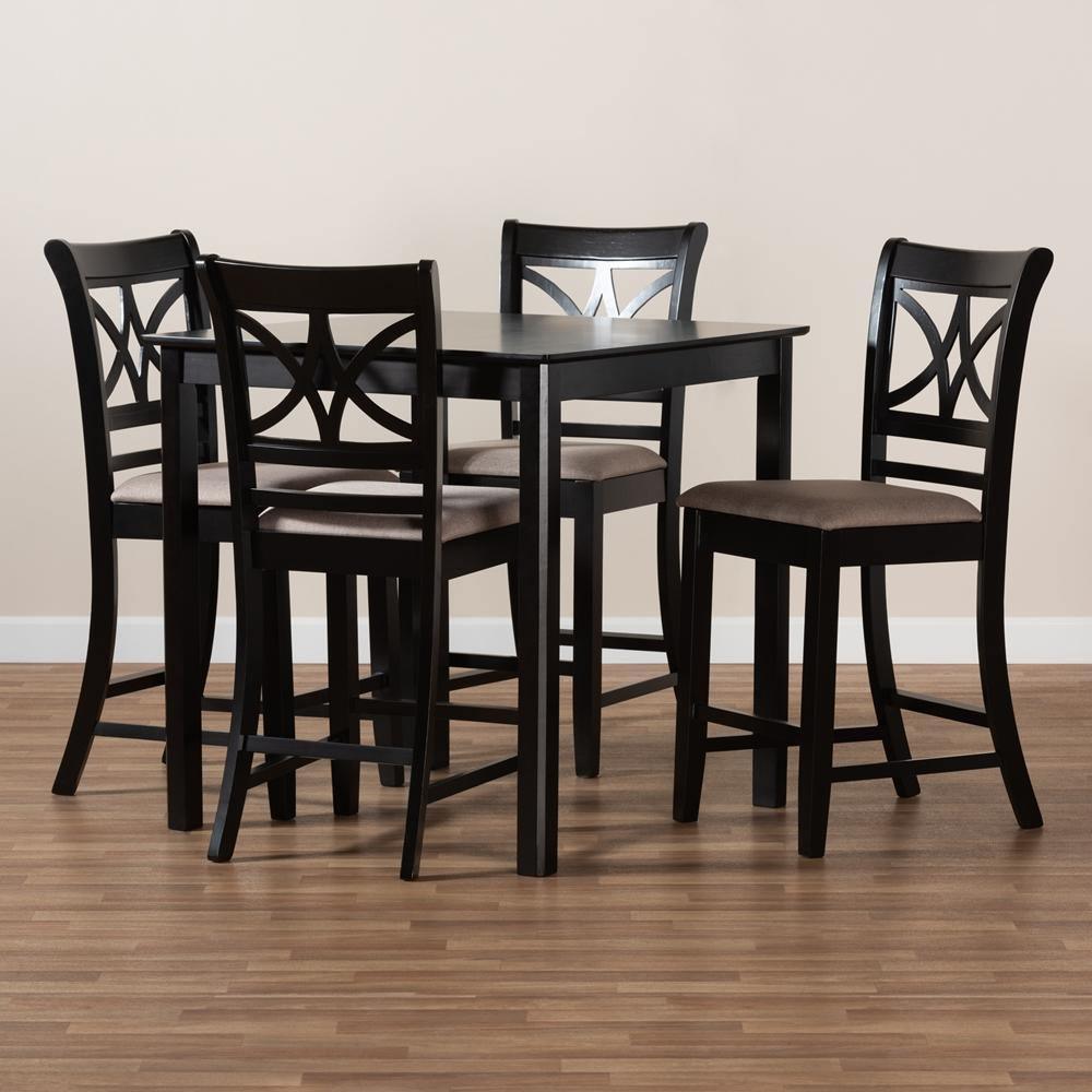 Chandler Modern and Contemporary Sand Fabric Upholstered and Espresso Brown Finished Wood 5-Piece Counter Height Pub Dining Set FredCo