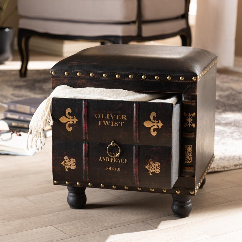 Charlier Rustic Antique Inspired Dark Brown Faux Leather Upholstered Wood Storage Ottoman with Book Spine Drawer FredCo