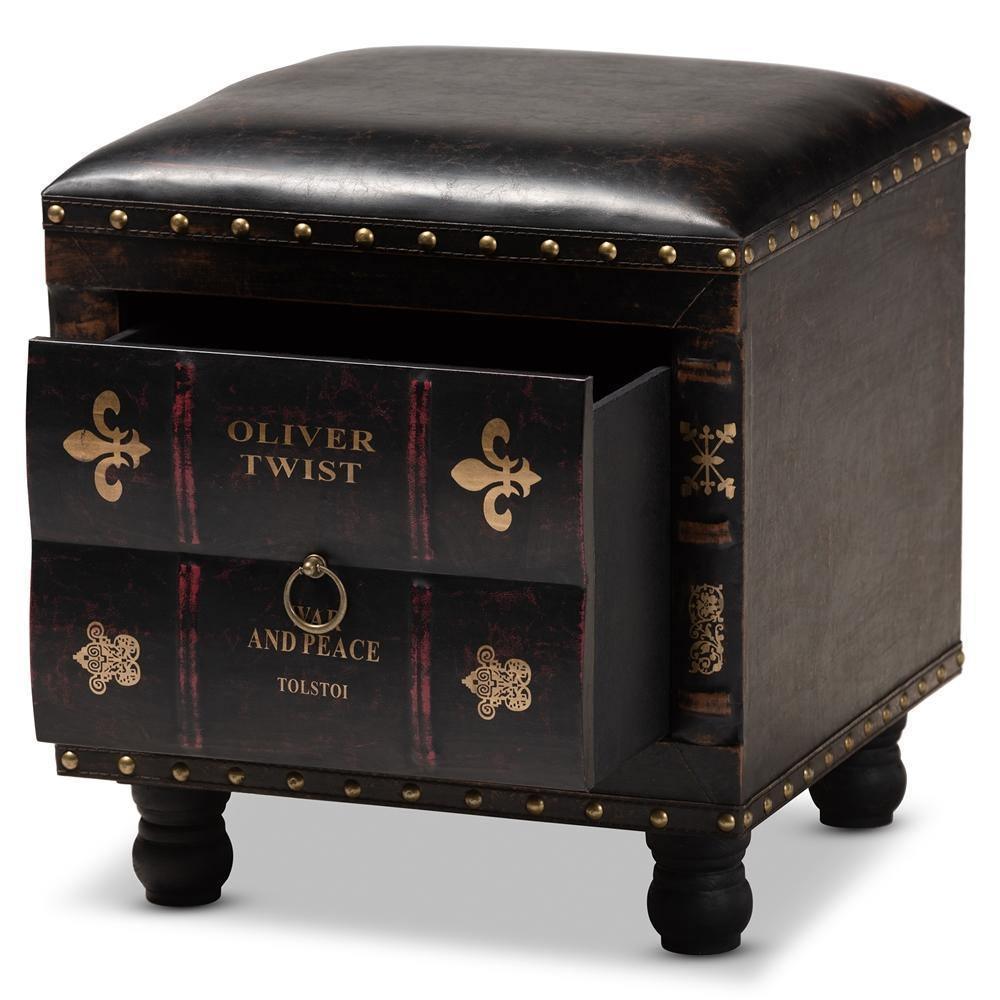 Charlier Rustic Antique Inspired Dark Brown Faux Leather Upholstered Wood Storage Ottoman with Book Spine Drawer FredCo
