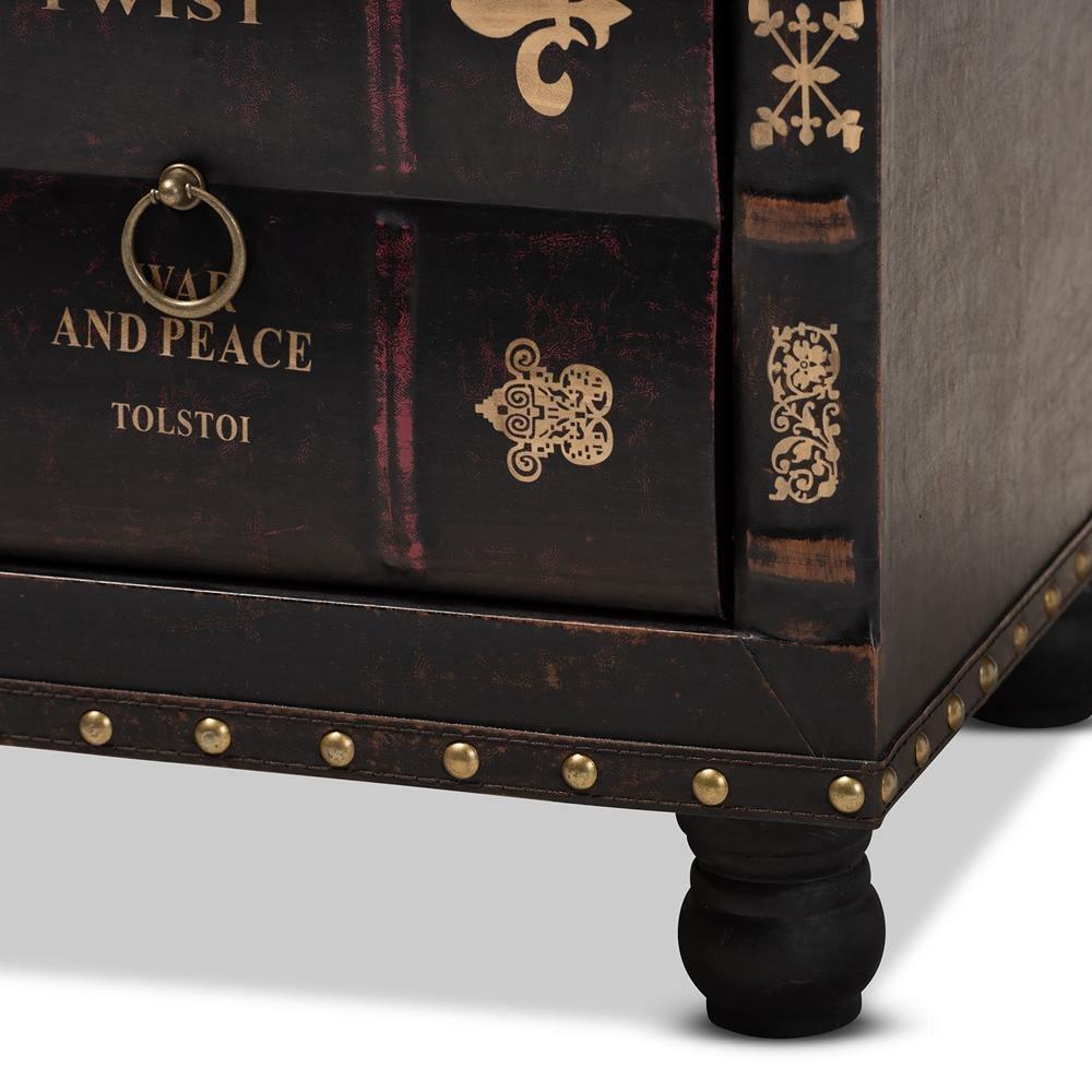 Charlier Rustic Antique Inspired Dark Brown Faux Leather Upholstered Wood Storage Ottoman with Book Spine Drawer FredCo