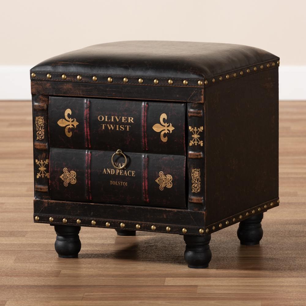 Charlier Rustic Antique Inspired Dark Brown Faux Leather Upholstered Wood Storage Ottoman with Book Spine Drawer FredCo