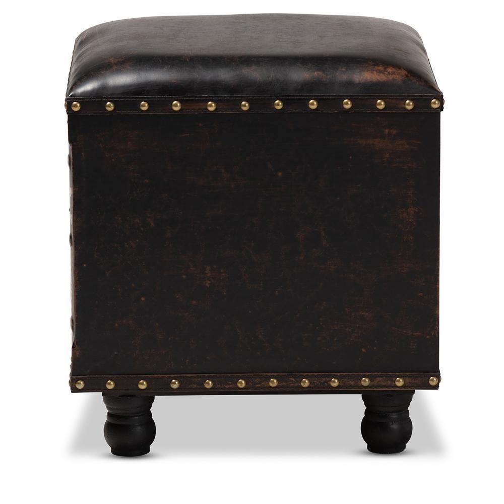 Charlier Rustic Antique Inspired Dark Brown Faux Leather Upholstered Wood Storage Ottoman with Book Spine Drawer FredCo