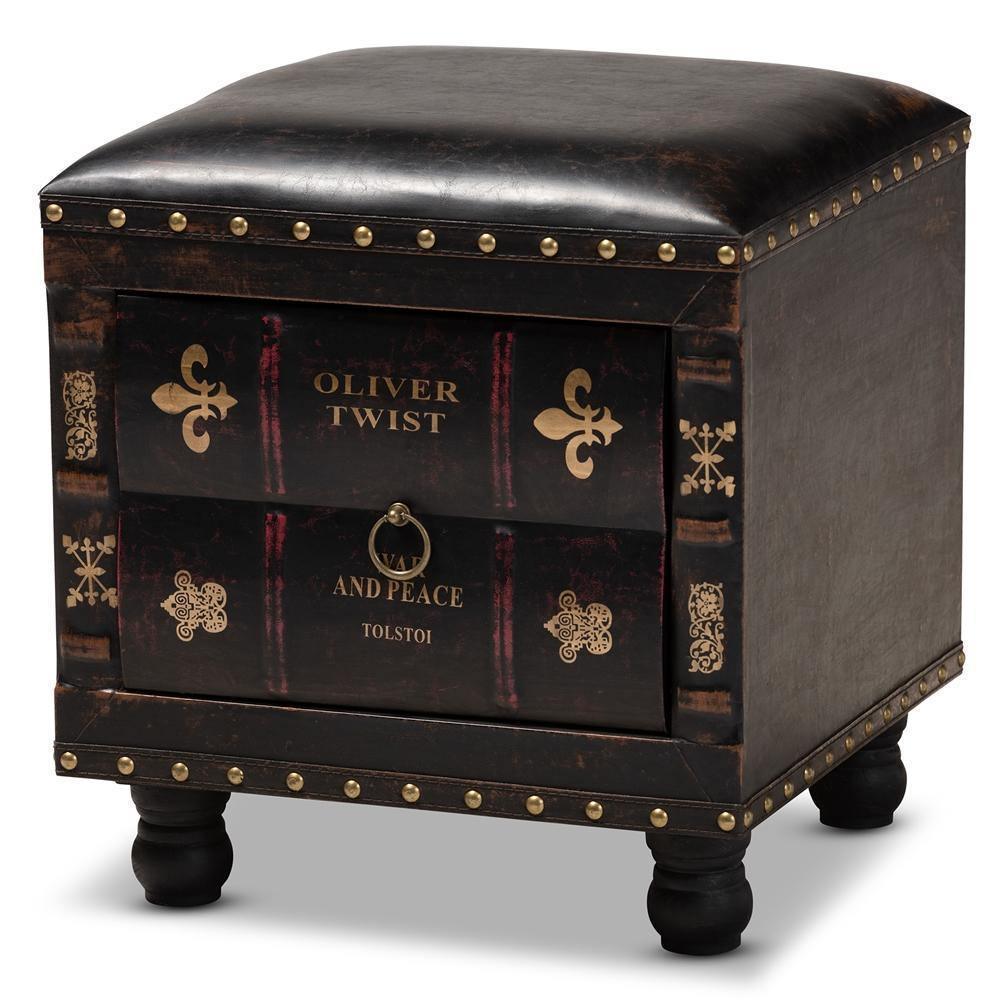 Charlier Rustic Antique Inspired Dark Brown Faux Leather Upholstered Wood Storage Ottoman with Book Spine Drawer FredCo