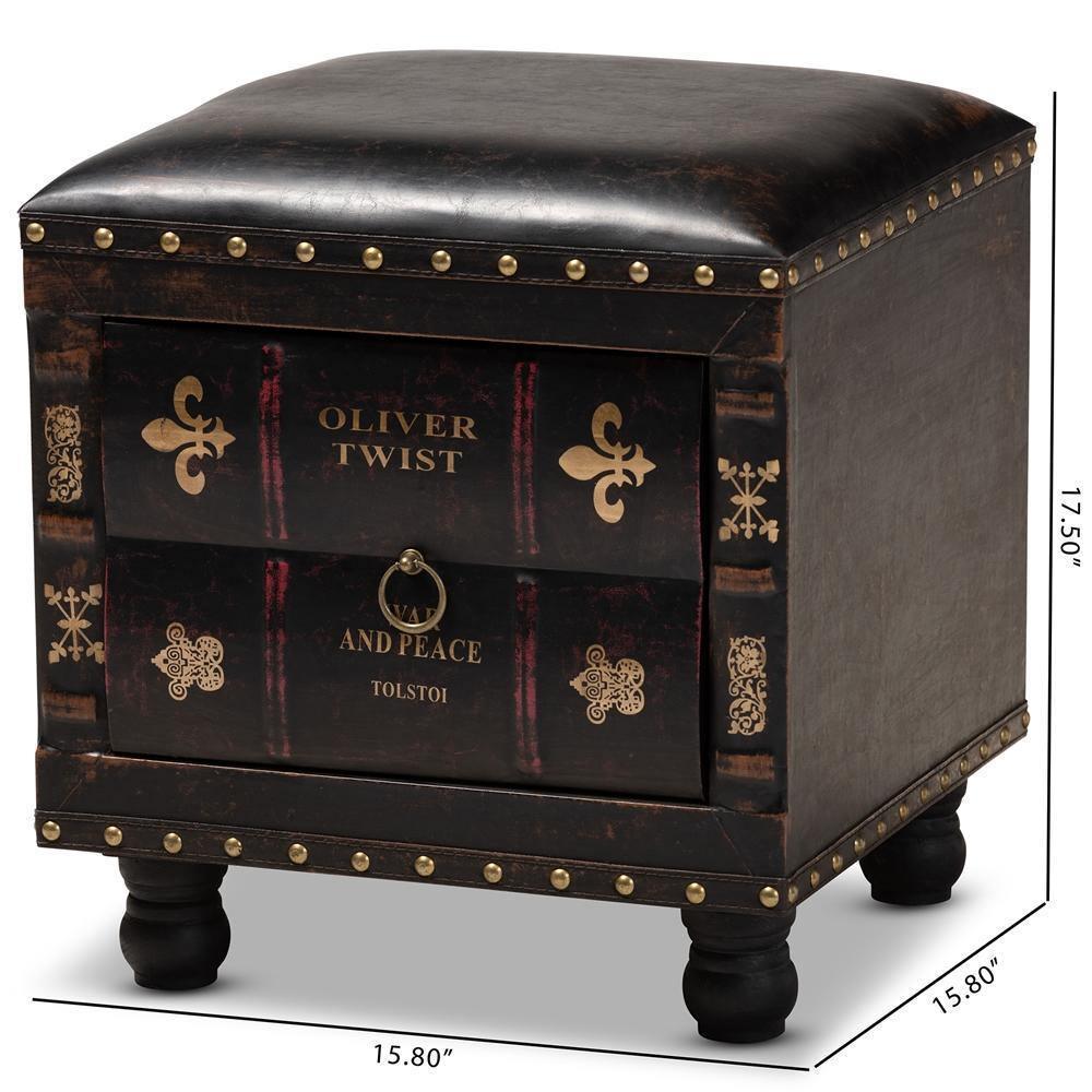 Charlier Rustic Antique Inspired Dark Brown Faux Leather Upholstered Wood Storage Ottoman with Book Spine Drawer FredCo